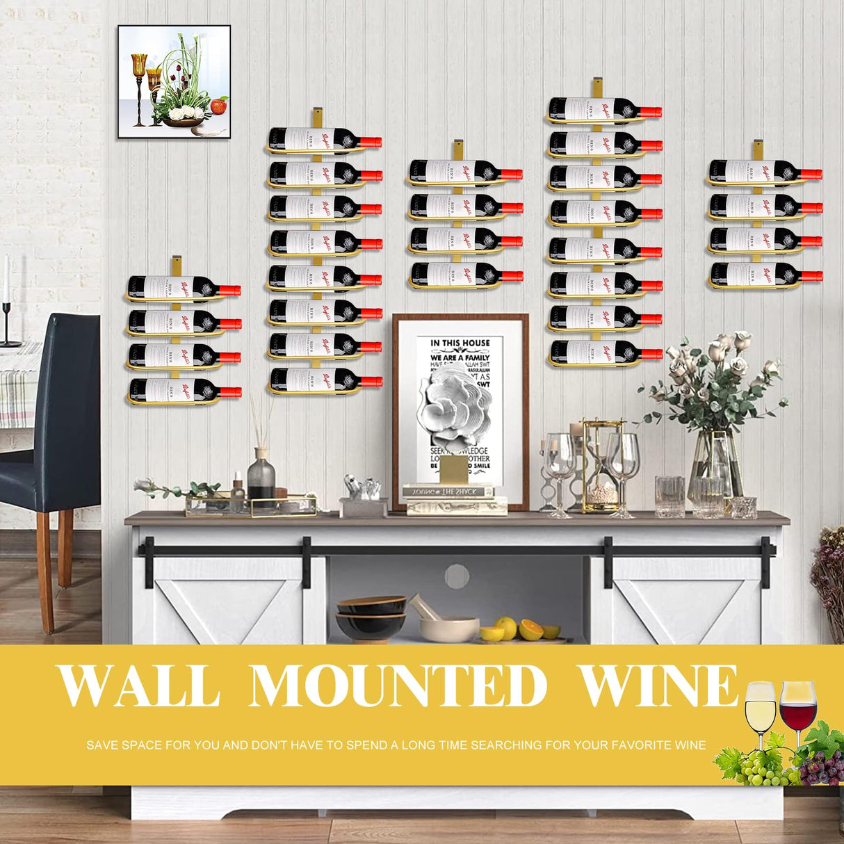 KHayRovies Wine Rack Wall Mounted for 8 Wine Bottles, Metal Wall Hanging Wine Holder Storage, Wine Organizer Shelf for Kitchen Dining Room Bar (Golden) KHayRovies