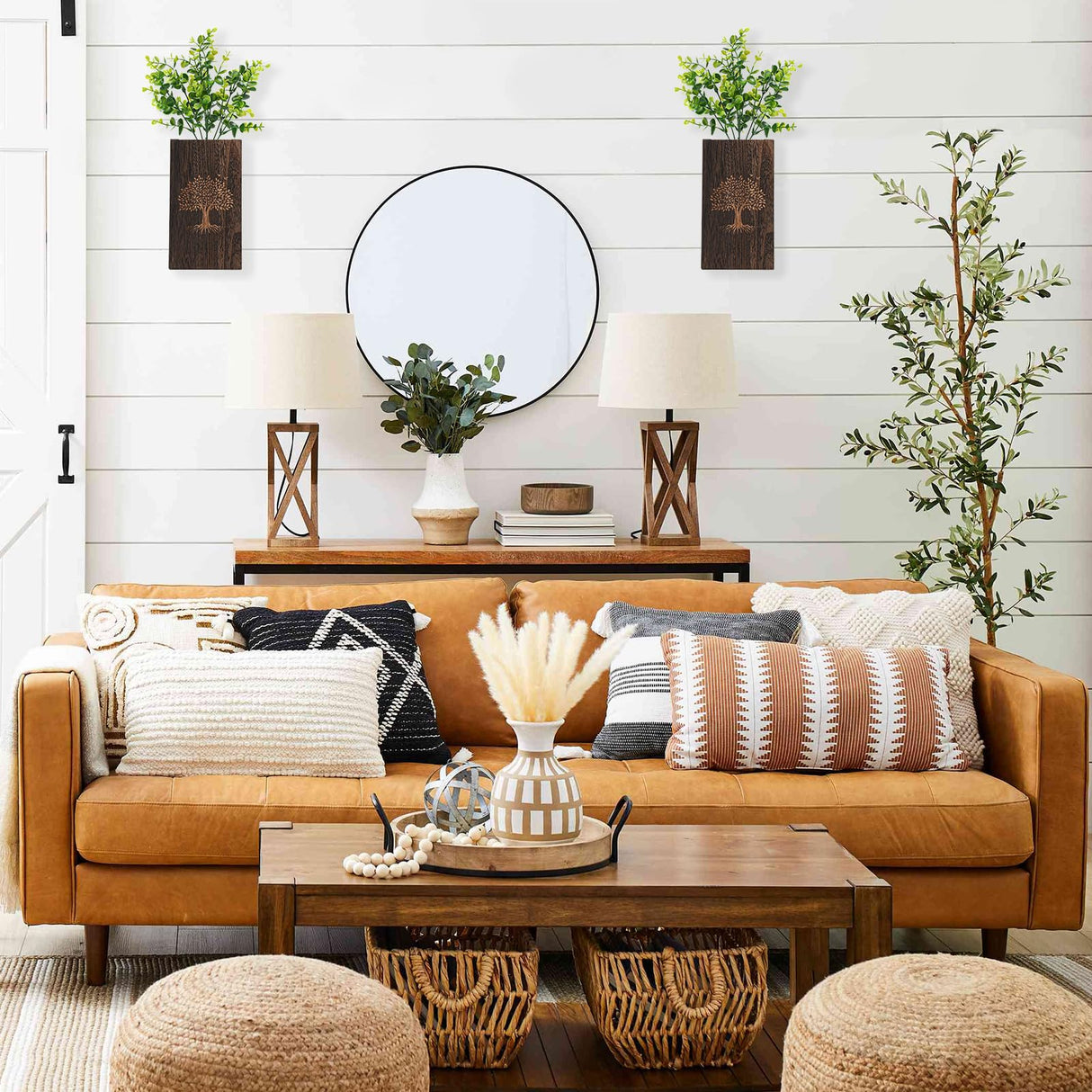 CypherX Wood Wall Planter with Artificial Eucalyptus Set of 2, Farmhouse Wall Decor for Living Room Bathroom Bedroom Kitchen, Wooden Pocket Wall Vases for Fake Plants Greenery and Dried Flowers CypherX