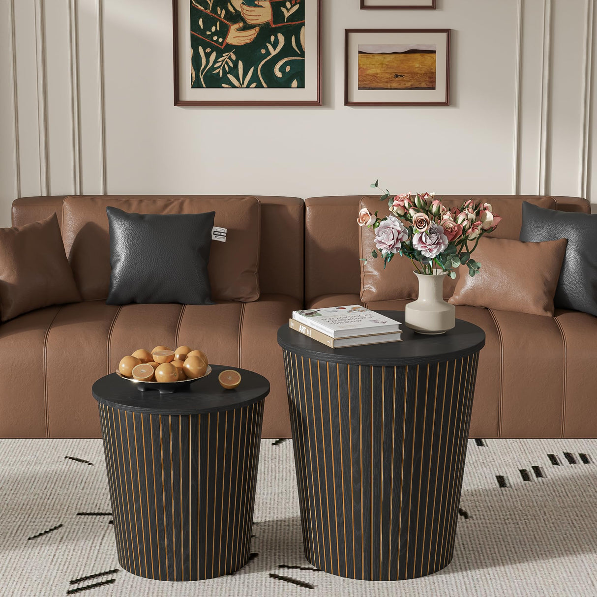 Round Coffee Table Set,2-Piece Modern Farmhouse Living Room End Table Set, Nesting Table Round Natural Finish for Living Room (Black, 17.72'') Lisicues