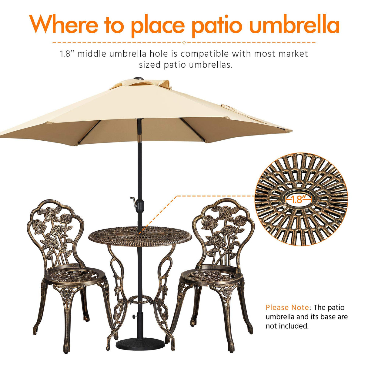 Yaheetech 3-Piece Outdoor Bistro Set w/Rose Design, Rust-Resistant Cast Aluminum Table and Chairs w/Umbrella Hole for Balcony Backyard Garden - Bronze Yaheetech