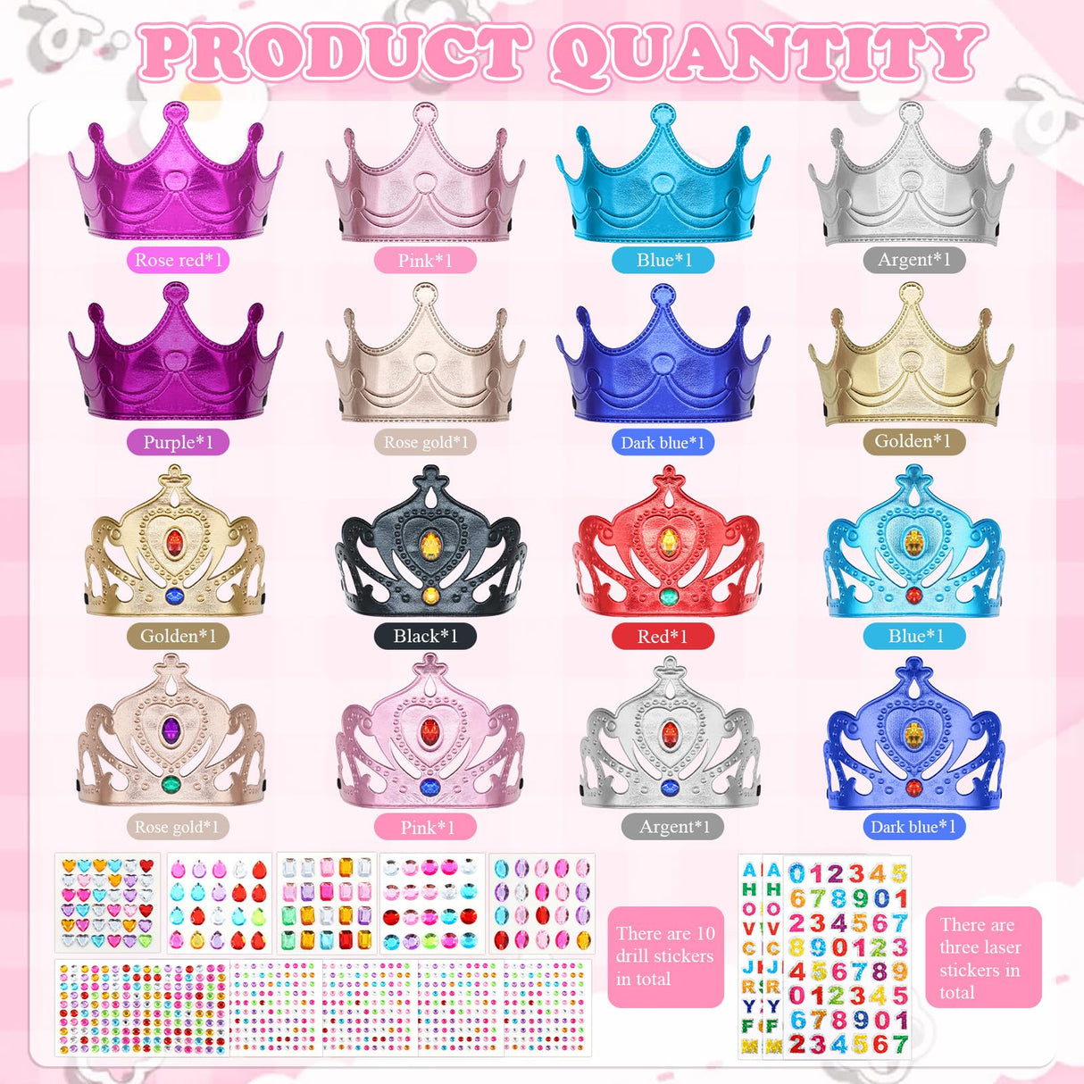 ZYNERY 29 Pcs Birthday Crowns for Kids Fabric Crafts with Stickers Bulk 4-14mm Rhinestones,Princess Tiaras DIY Crown Gifts for Girls Boys Role Rlay ZYNERY