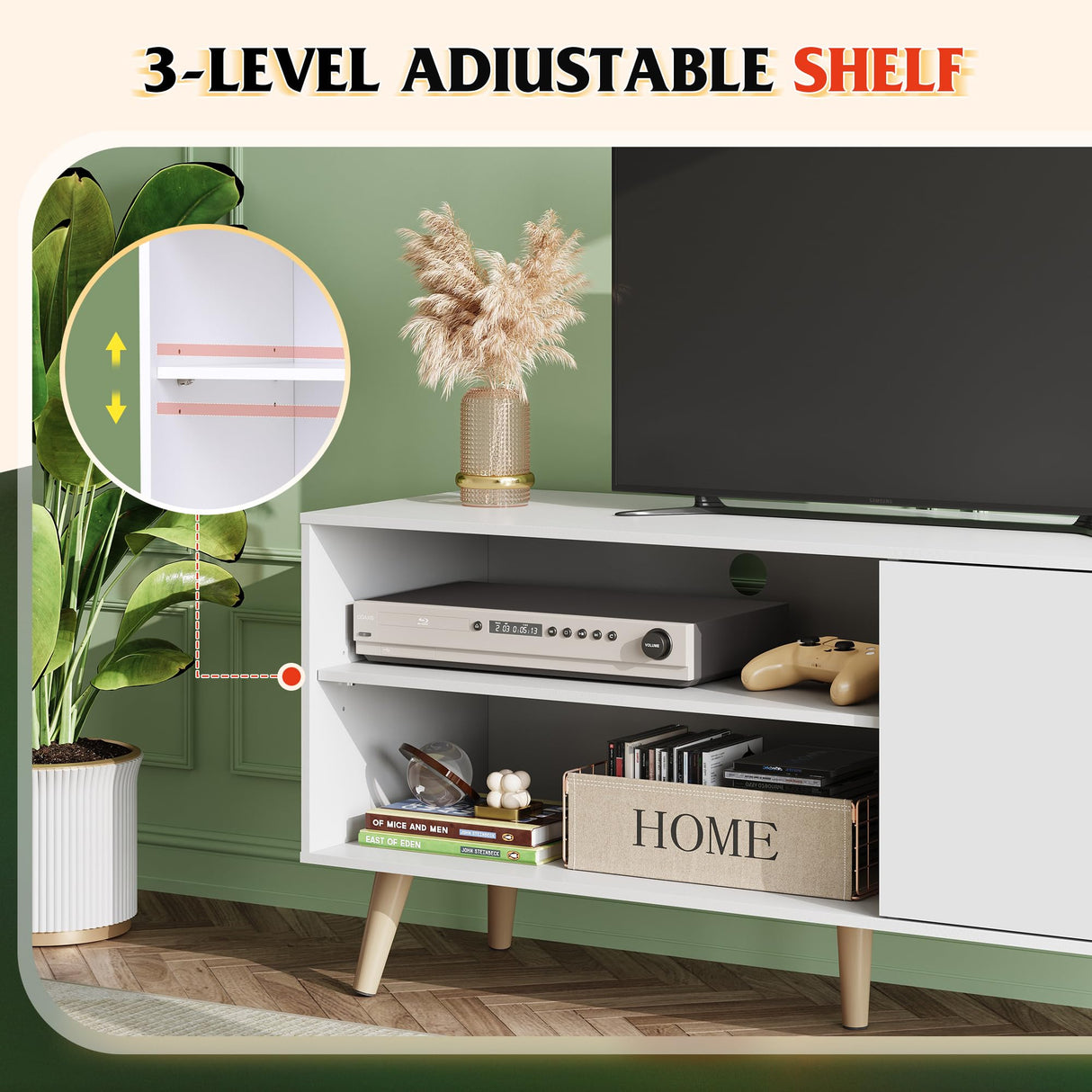 WLIVE TV Stand for 55 Inch TVs, Entertainment Center with Storage Cabinet, Mid-Century TV Stands for Living Room and Bedroom, 50" TV Console, White WLIVE
