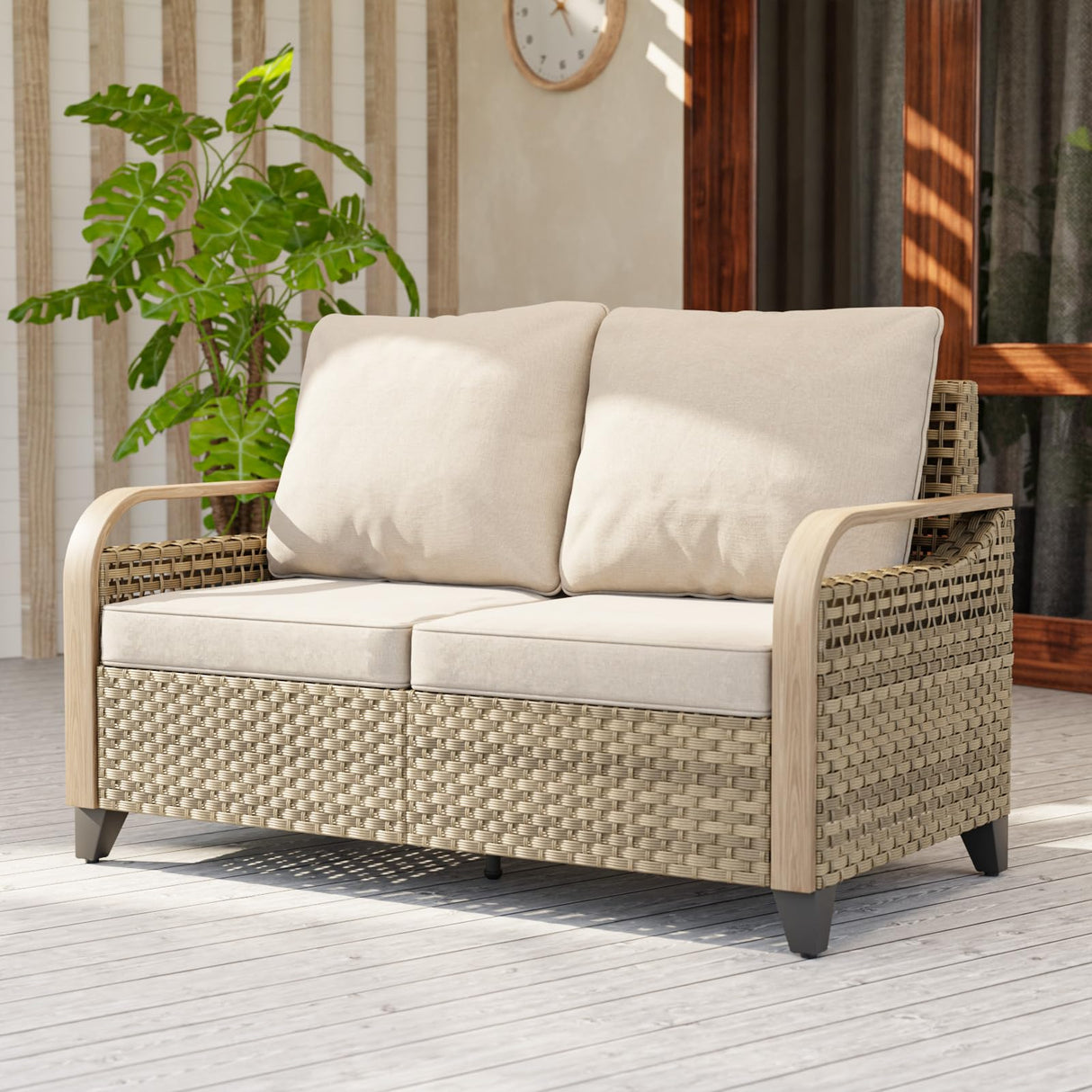 EAGLE PEAK Wicker Outdoor Patio Sofa Modern Rattan Patio Furniture Loveseat for Backyard Deck Porch Balcony, 2 Seat Loveseat, Brown/Gray EAGLE PEAK