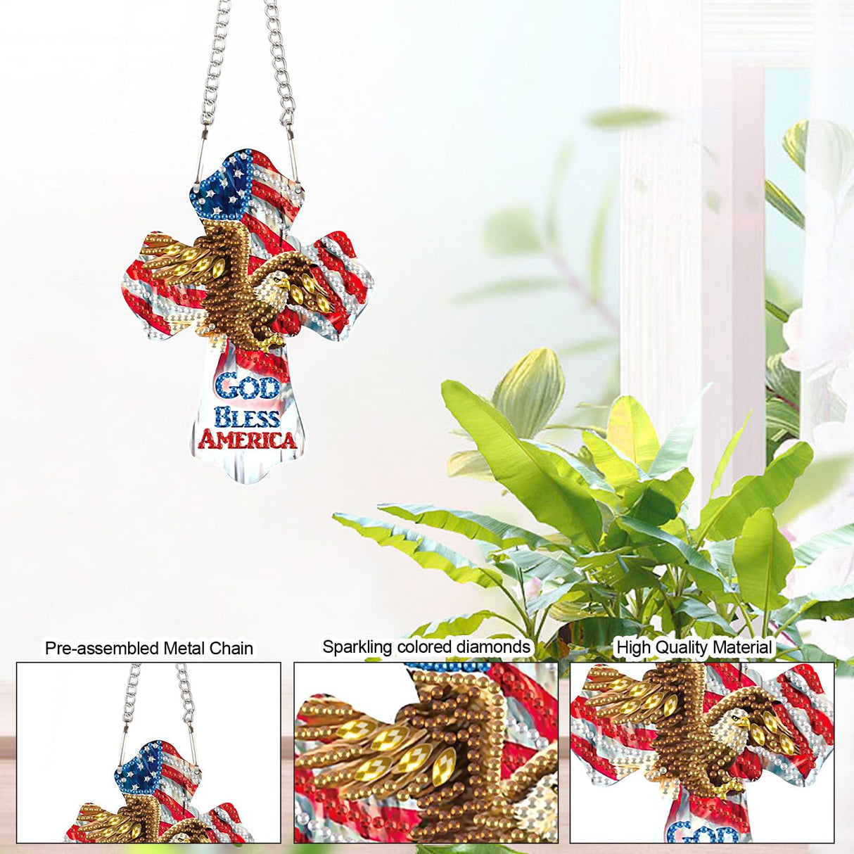 God Bless America Diamond Painting Hanging Ornament - Patriotic Cross with Eagle & American Flag - DIY 5D Diamond Art Kit with Chain - Independence Day Home Decor - Handmade Beaded Sun Catcher Gift AiYuanzsh