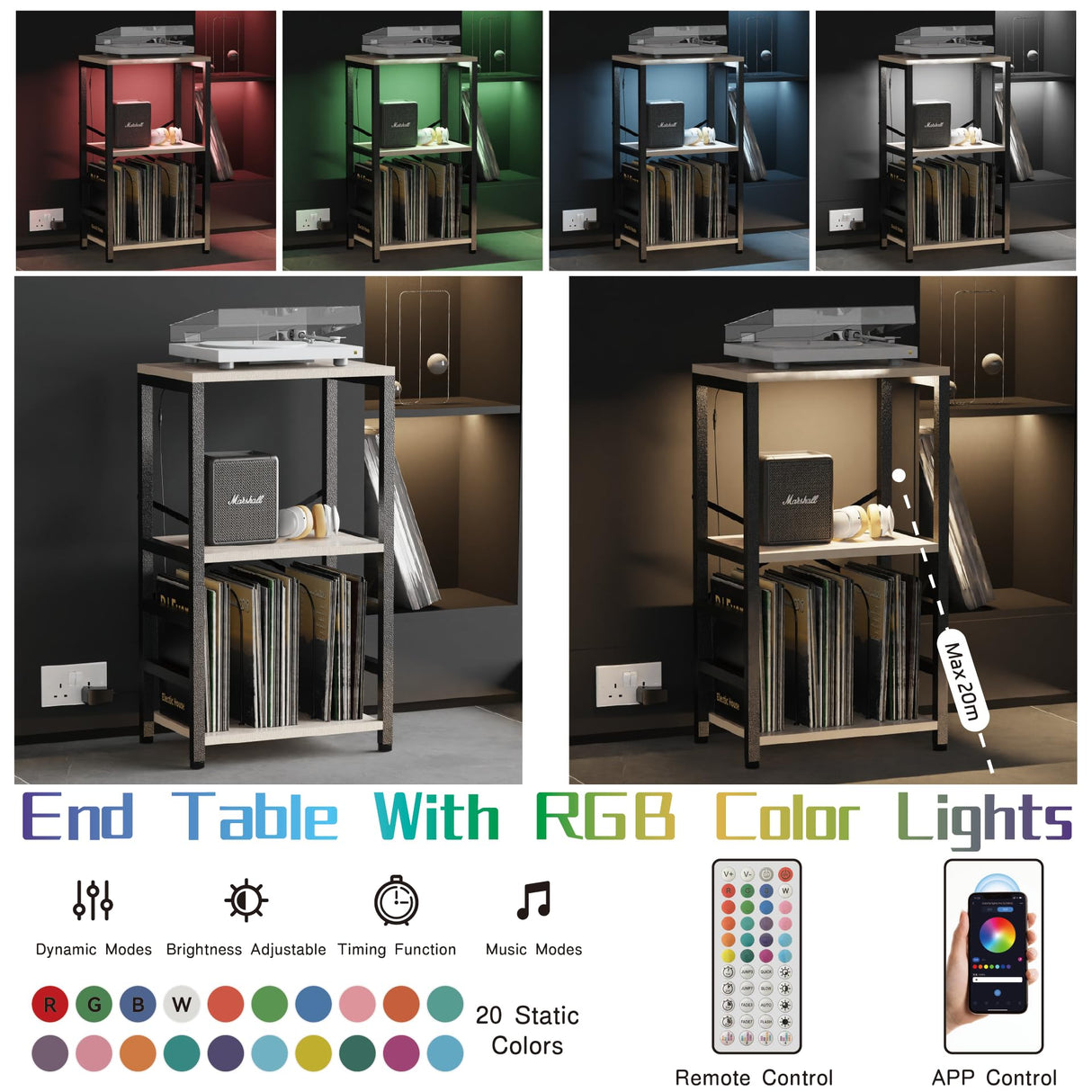 YAKANJ End Table with LED Light,Record Player Stand with Albums Storage,Vinyl Records Storage,Turntable Stand Side Table for Music Room Studio Living Room Bedroom-Greige YAKANJ