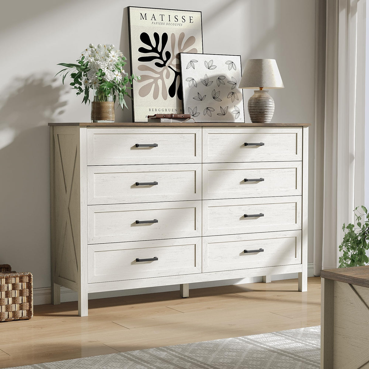 BAZELOR Farmhouse 8 Drawers Dresser for Bedroom, 55 Inch Wood Rustic Wide Chest with Natural Texture, Large Dressers for Bedroom, Hallway, Entryway, Antique White BAZELOR