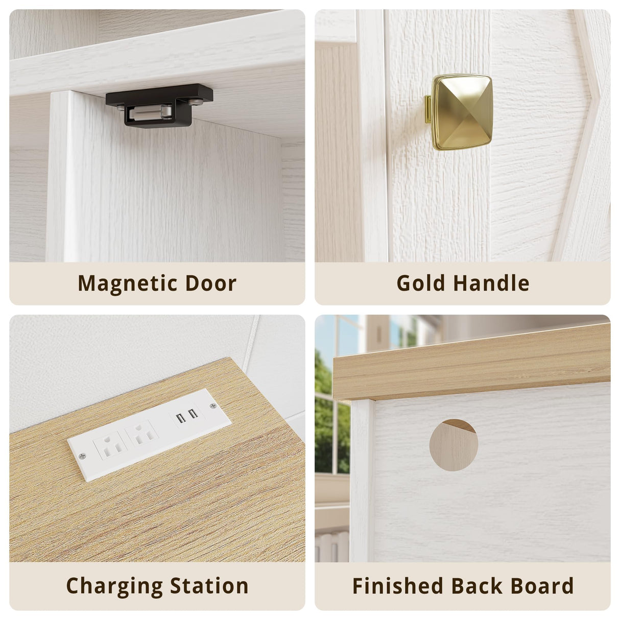 IRONCK Coffee Bar Cabinet with Power Strip, 47" Storage Cabinet with Barn Doors and Thickened Top Board, White Sideboard, Buffet for Dinning Room, Kitchen, Living Room IRONCK