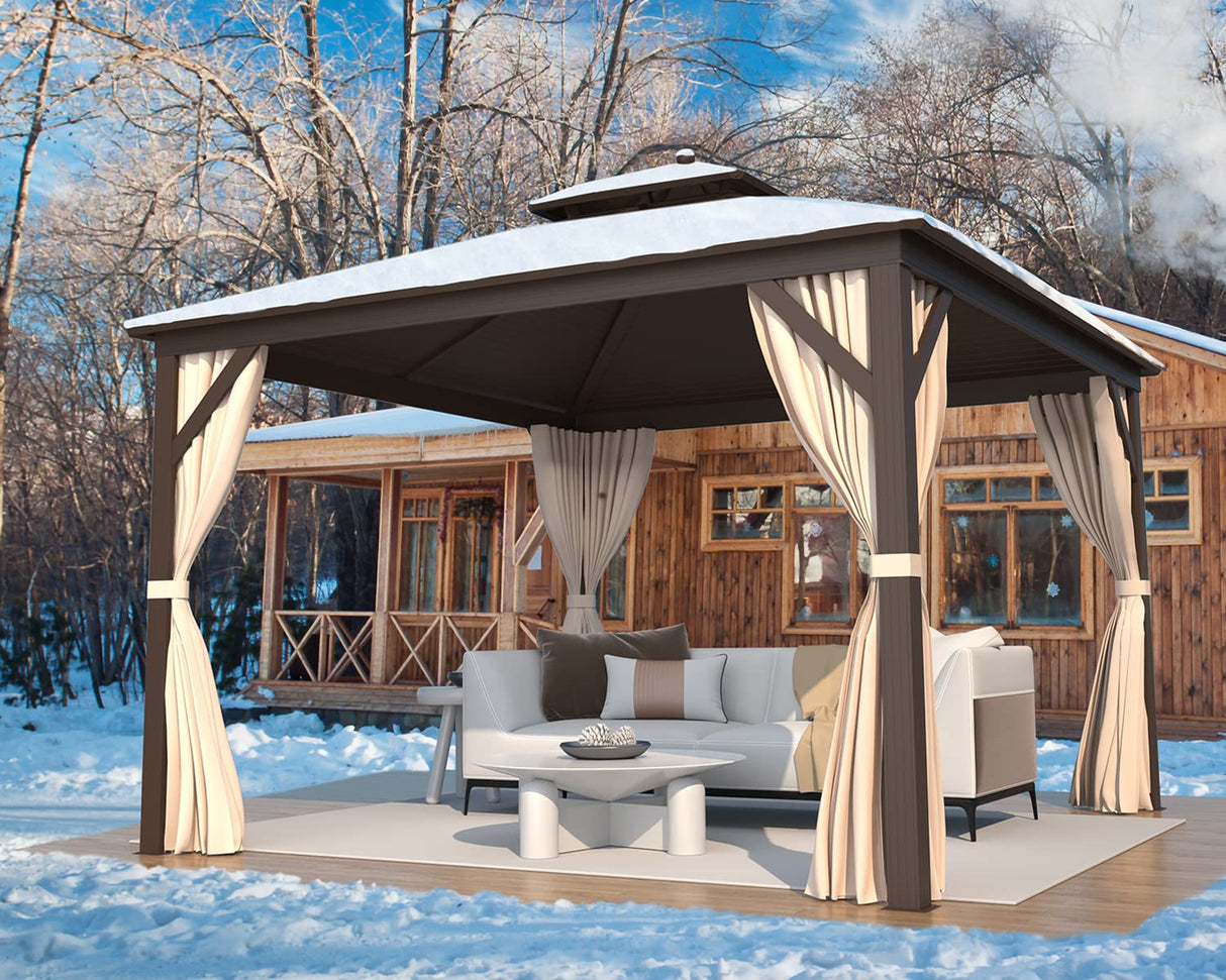MELLCOM 12' x 12' Hardtop Gazebo, Galvanized Steel Double Roof Outdoor Gazebo, Aluminum Frame Metal Gazebo with Netting and Curtains for Patios, Gardens, Lawns Brown MELLCOM