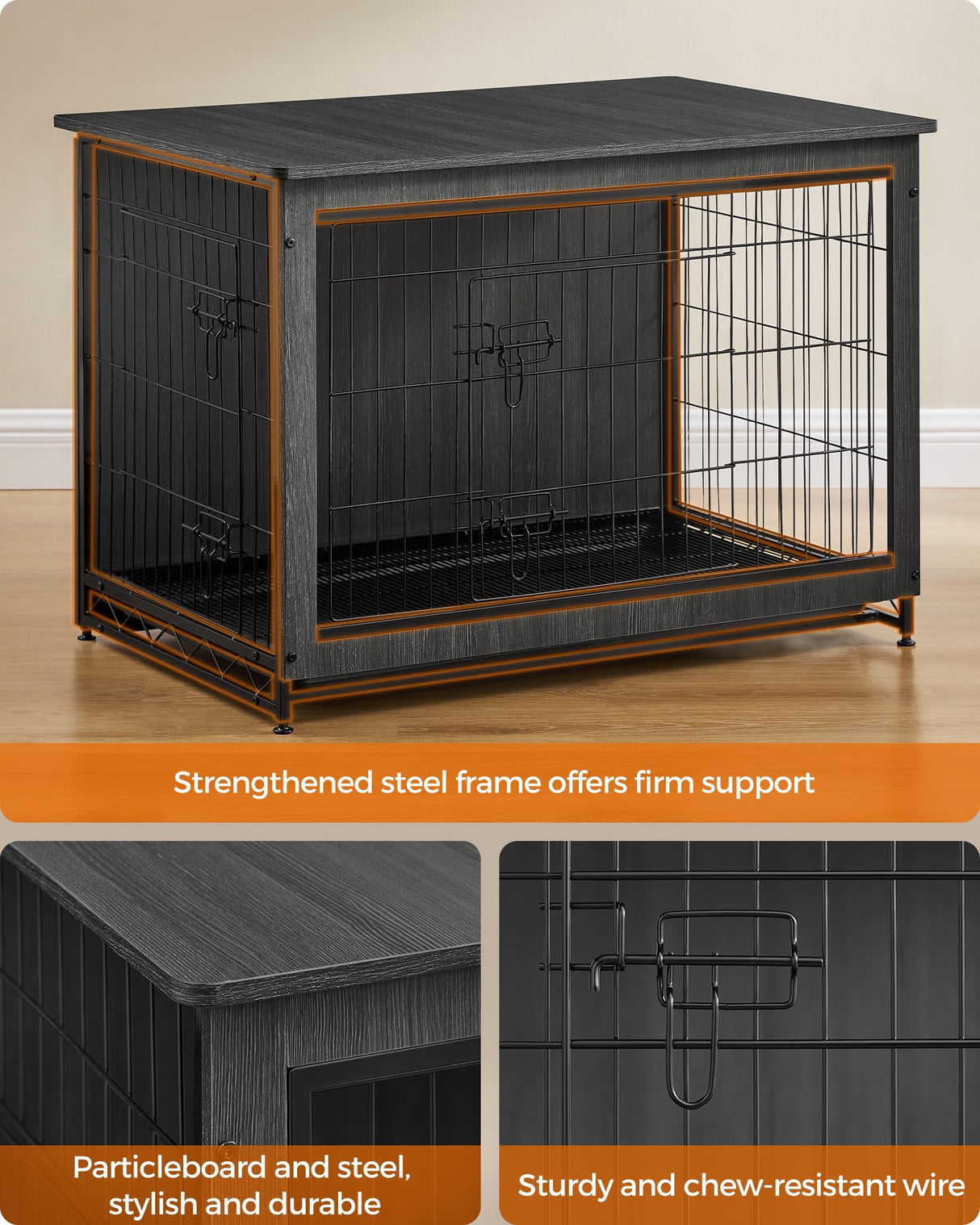 Feandrea Dog Crate Furniture, Side End Table, Modern Kennel for Dogs Indoor up to 70 lb, Heavy-Duty Dog Cage with Multi-Purpose Removable Tray, Double-Door Dog House, Ink Black UPFC003B01 Feandrea