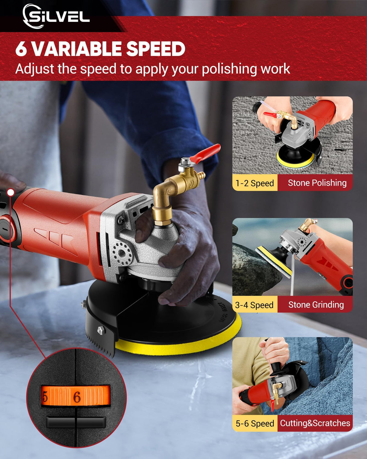SILVEL 860W Wet Polisher, 4 inch Wet Stone Polisher with 6 Variable Speeds, 110V Granite Polisher with 7 Diamond Polishing Pads for Granite, Marble, Concrete, Stones SILVEL