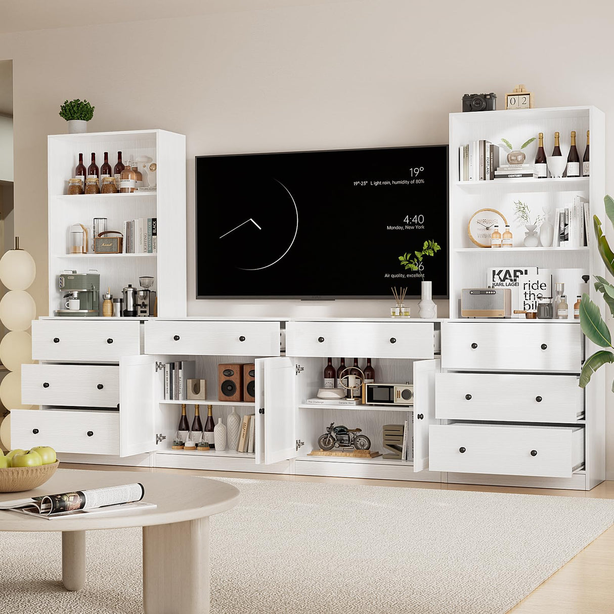 TUSY 4-Piece Large TV Stand with Bookshelves for TVs up to 75", TV Entertainment Center Media Center with Tempered Glass Doors and Shelves, TV Hutch for Living Room White (2A+2C) TUSY