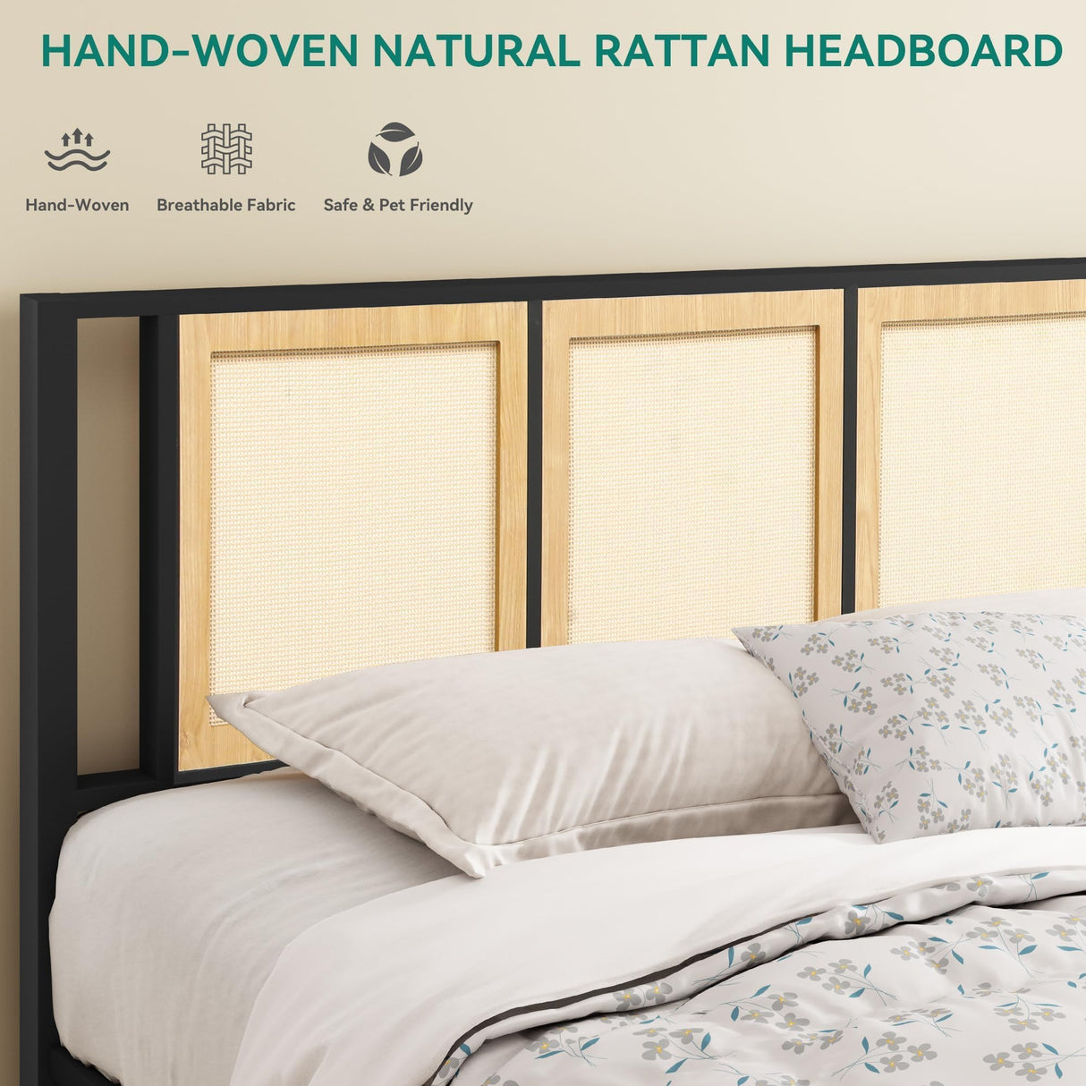 YITAHOME Natural Rattan Bed Frame King Size with Headboard and 2 Storage Drawers Underneath, Boho Cane Bed Platform Bed with Metal Slat, Noise Free, No Box Spring Needed YITAHOME