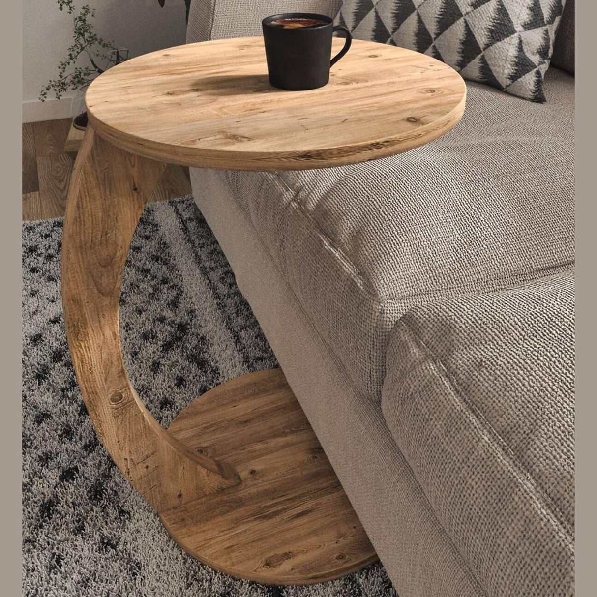 Furpinea C Shaped End Table for Couch Small Places, Space Saver Round Side Table for Sofa and Bedside with Wheels, Coffee and Eating Snack Time Tray for Living Room, Office (Natural) Furpinea
