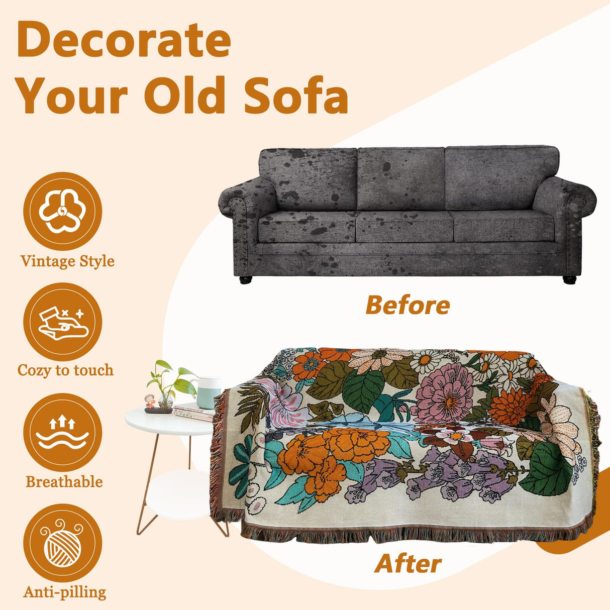 DREAMINGO Chic Farmhouse Sofa Cover Blanket Floral Jacquard Couch Cover for 3 Cushion Couch Sofa Sectional Couch Cover Universal Furniture Protector Tassel Trim Couch Covers for Sofa, 71"x150" DREAMINGO