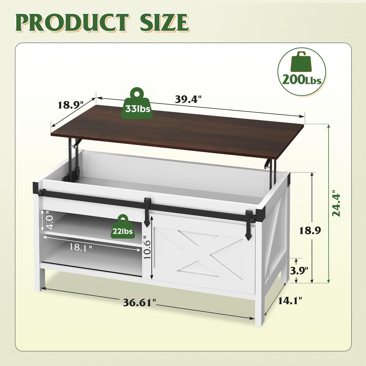 WLIVE Lift Top Coffee Table, 39.4" Farmhouse Coffee Table with Large Hidden Storage Compartment, Sliding Barn Doors, Modern Wood Center Table for Living Room, Office, White WLIVE