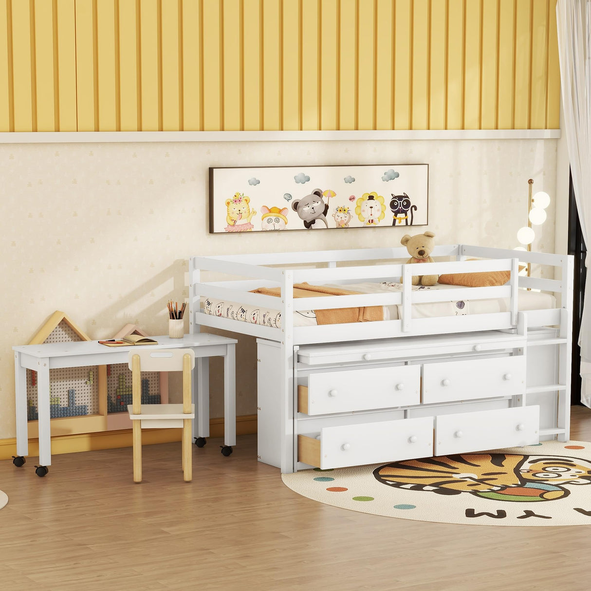 Kids Twin Size Low Loft Bed with Storage, Twin Size Loft Bed with Portable Desk and 4 Drawers, Wood Twin Loft Bed with Shelves, Modern Farmhouse Junior Loft Bed for Kids Boys Girls, White Harper & Bright Designs