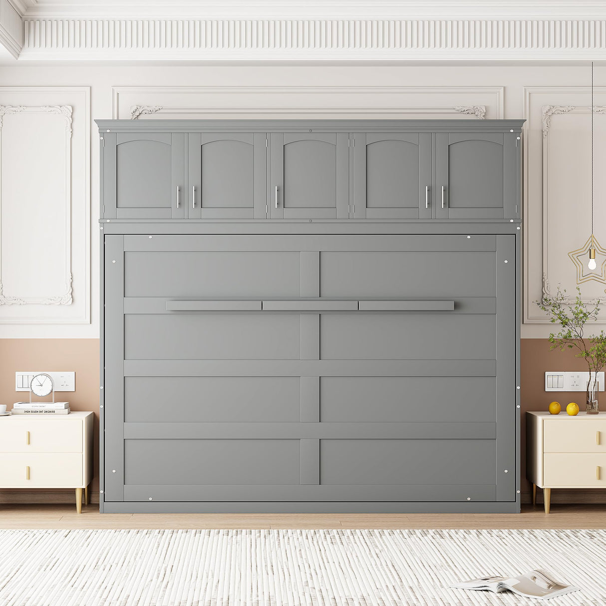 Merax Modern Farmhouse Solid Wood Murphy Cabinet Bed with Top Cabinets, Tall Wall Platform Bed No Box Spring Needed/Easy Assemble Queen,Gray Merax