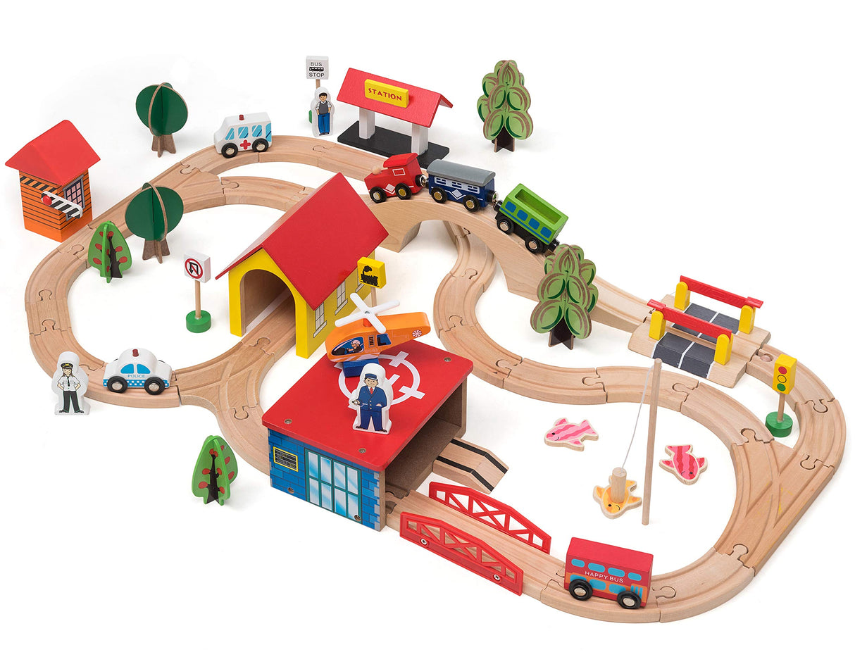 KipiPol Train Set - 69 Pieces Wooden Train Tracks & Trains for Kids, Toddler Boys and Girls 3,4,5 Years Old and Up– Premium Wood Construction Toys -Fits Thomas, Brio, IKEA, Melissa and Doug Kipipol