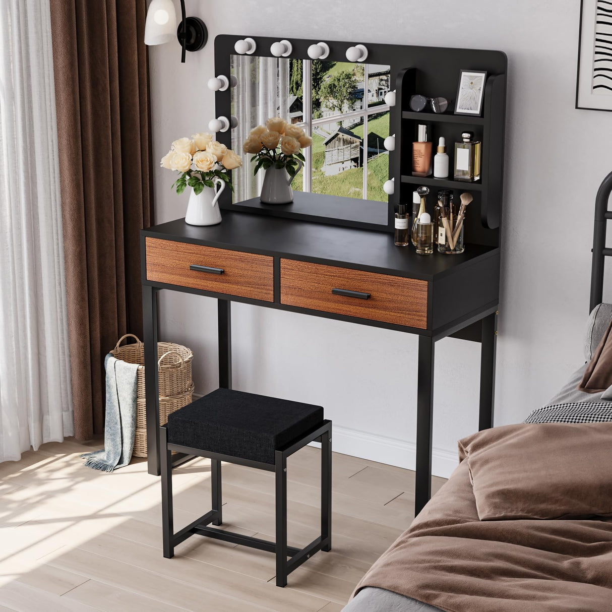 Semiocthome Vanity Desk with Mirror and 10 LED Lights, 39.4"W Makeup Desk with 2 Big Drawers and Side Shelves for Storage, Girl's Dressing Table with Metal Frame, Corner Makeup Table with Chair- Brown Semiocthome