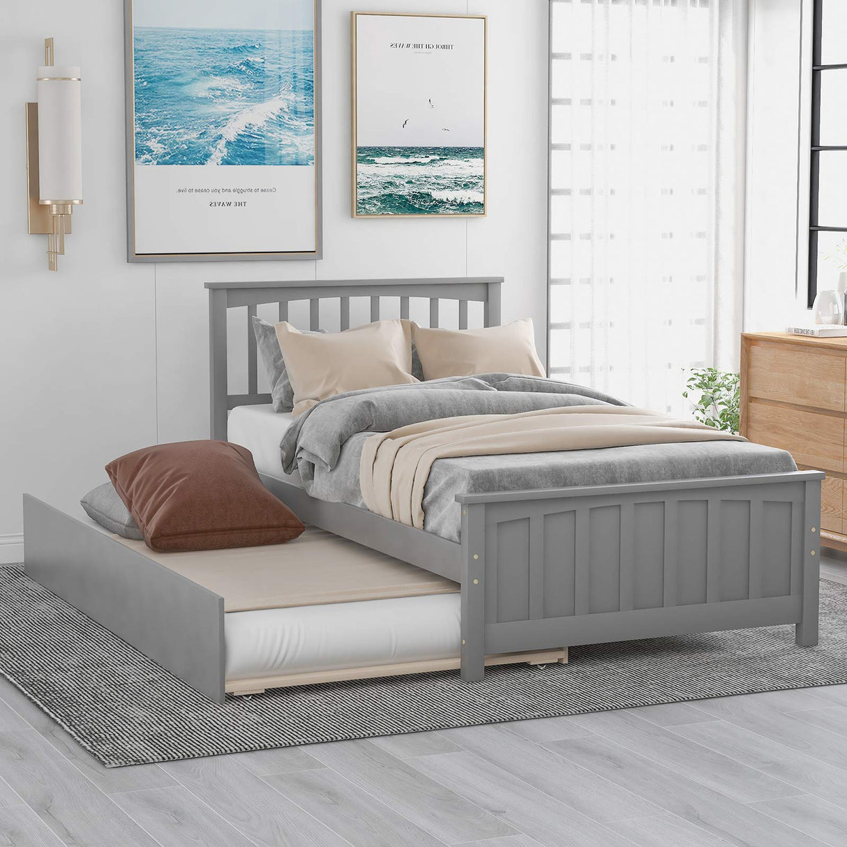 Harper & Bright Designs Twin Size Platform Bed with Trundle, Wooden Twin Bed Frame, Kids Platform Bed (Grey) Harper & Bright Designs