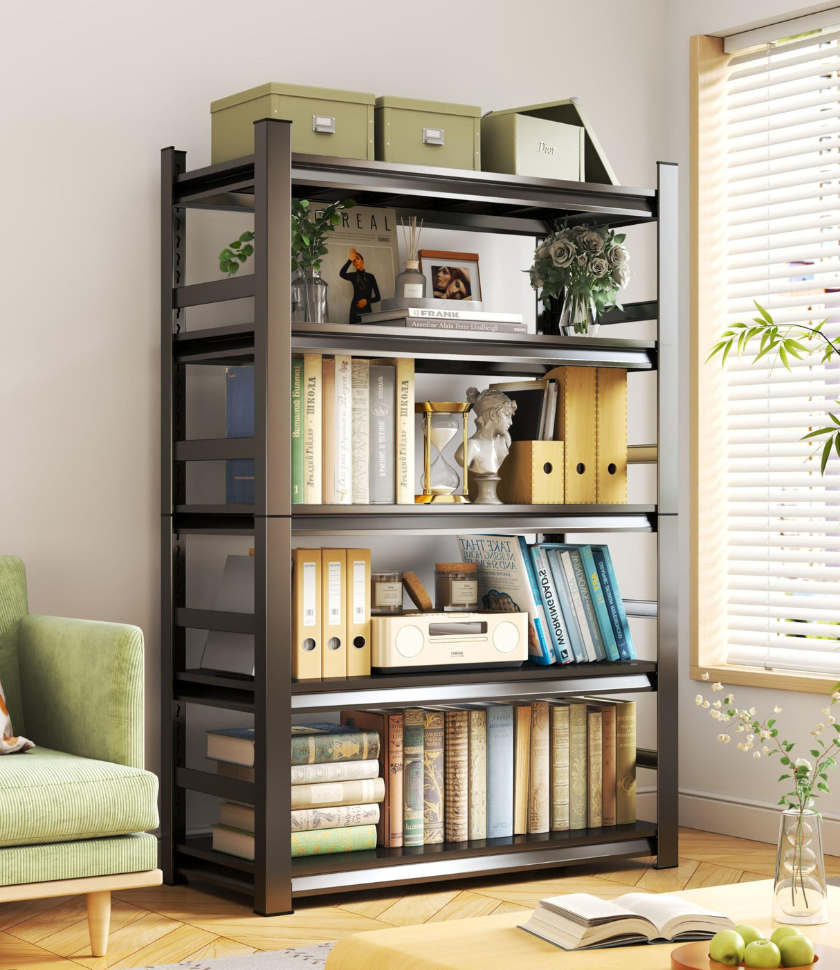 BEESTMUEBLE 5 Tiers Book Shelf, 48 Wide Bookcase,Metal Black Bookshelves, Living Room Shelves, Open Shelf Bookcase with Fences, Book Shelves for Bedroom/Office/Study, 47.2" W*23.6" D*72" H BEESTMUEBLE