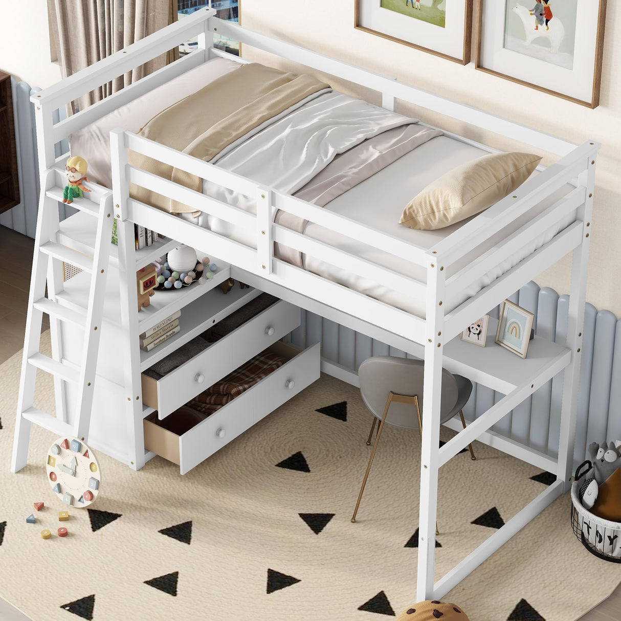 MERITLINE Twin Loft Bed with Desk, Storage Drawers and Shelves in White MERITLINE