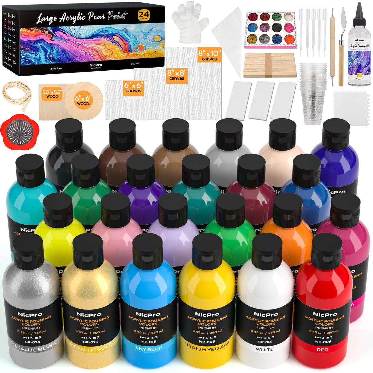 Nicpro 24 Colors 8.45oz Acrylic Pour Paint Supplies Kit, Large Volume Premixed High Flow Painting Bulk Set with Canvas, Wood Natural Slices, Pouring Oil, Tools Gloves, Strainer, Cups for Beginner DIY Nicpro