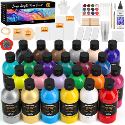 Nicpro 24 Colors 8.45oz Acrylic Pour Paint Supplies Kit, Large Volume Premixed High Flow Painting Bulk Set with Canvas, Wood Natural Slices, Pouring Oil, Tools Gloves, Strainer, Cups for Beginner DIY