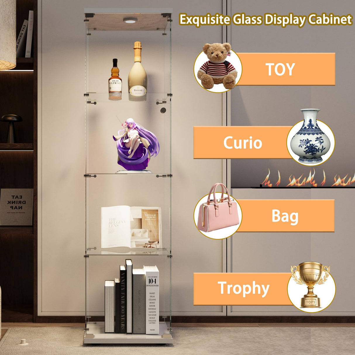 lunhung 4-Shelf Glass Display Cabinet with LED Lights & Lock, Glass Curio Cabinet w/Tempered Glass Single Door, Collection Display Case Bookshelf for Living Room 64.7" Hx 16.7" Wx 14.3" D(White) lunhung