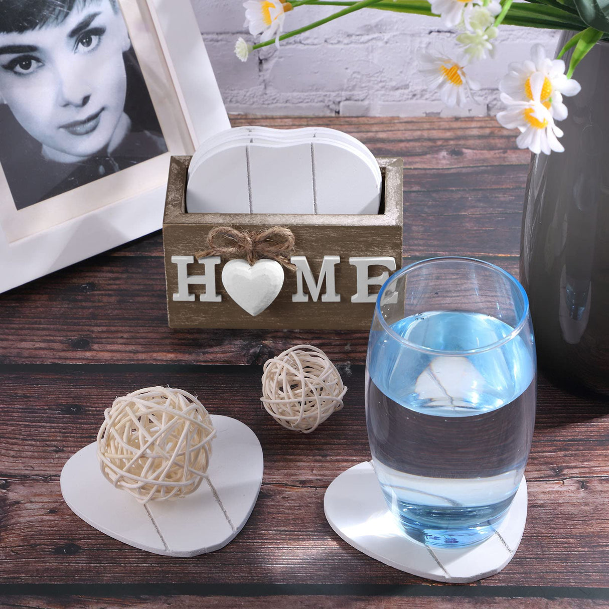 Wooden Heart Coasters for Drinks Set of 6 Funny Farmhouse Coasters with Holder for Coffee Table Protection Housewarming Gifts for New Home Decoration, 4 Inch(Home,Brown) Patelai