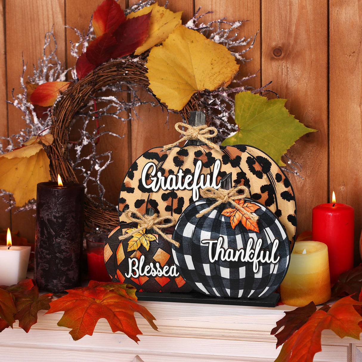 Soaoo Fall Pumpkin Sign Decoration 11 Inch Wooden Pumpkin Table Centerpiece Thanksgiving Autumn Pumpkin Tabletop Sign Blessed Grateful Thankful Sign for Thanksgiving Fall Harvest Home Farmhouse Decor Soaoo