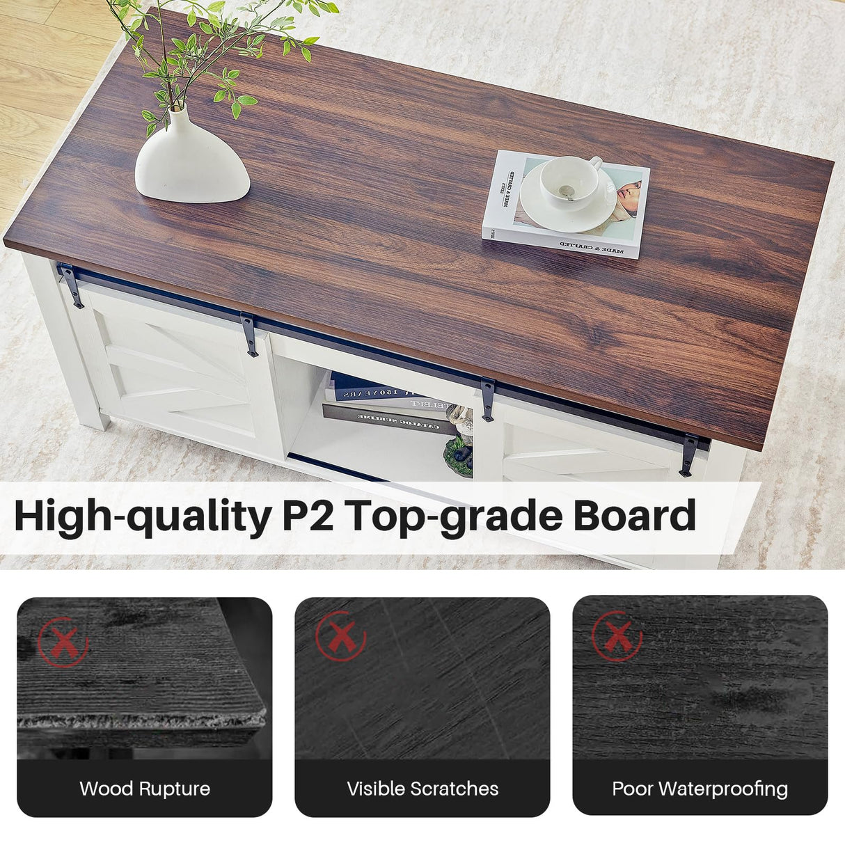 Redlife Lift Top Coffee Table, Coffee Table with Storage, 47" White Coffee Table with Lifting Top, Lifting Tabletop with Sliding Barn Door for Living Room, Office, Farmhouse Coffee Table Redlifeᅟᅠ