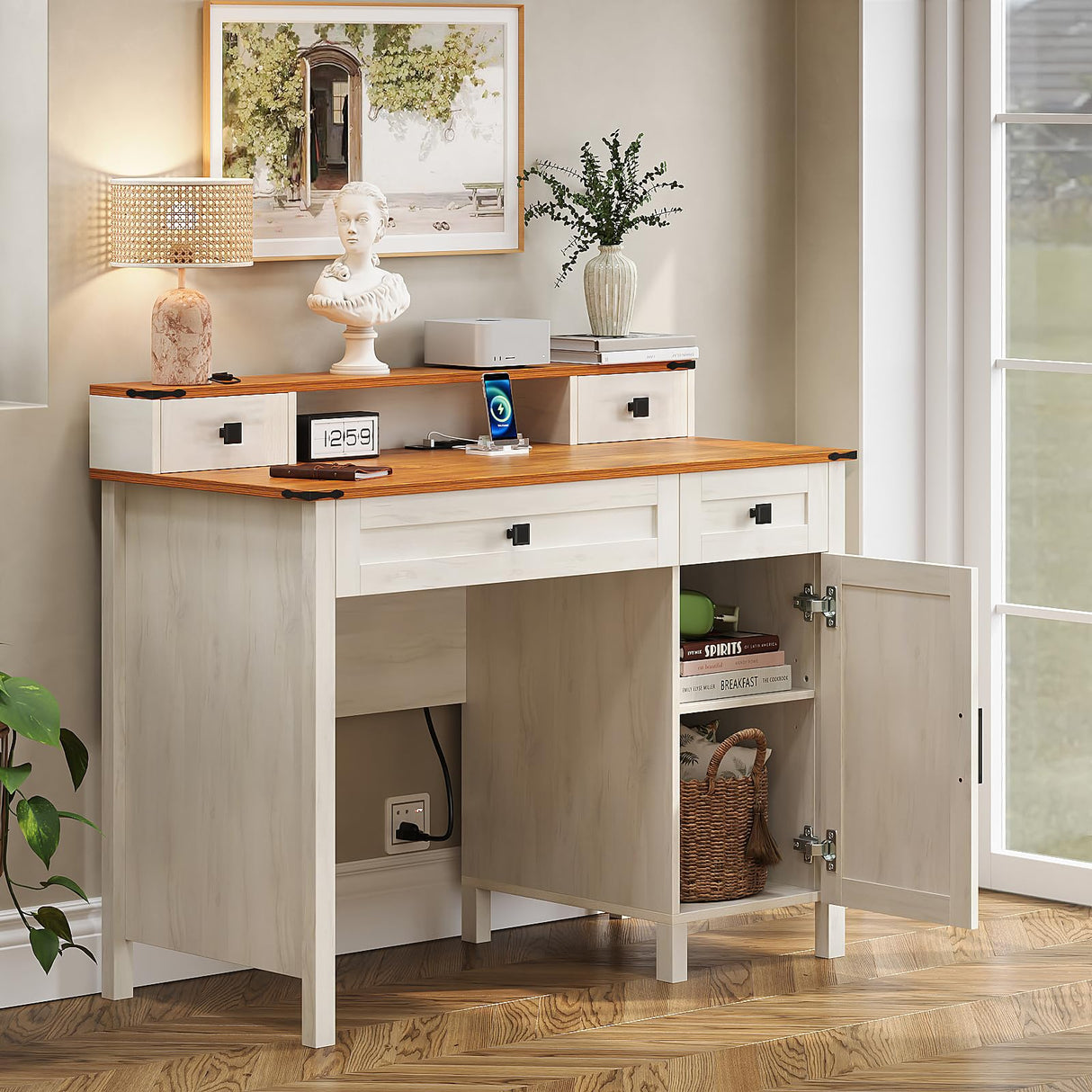 Trironsun Farmhouse Executive Desk with 4 Drawers Charging Station Large Home Office Desk with Storage Cabinet Rustic Computer Writing Desk for Work Study (Antique White) Trironsun