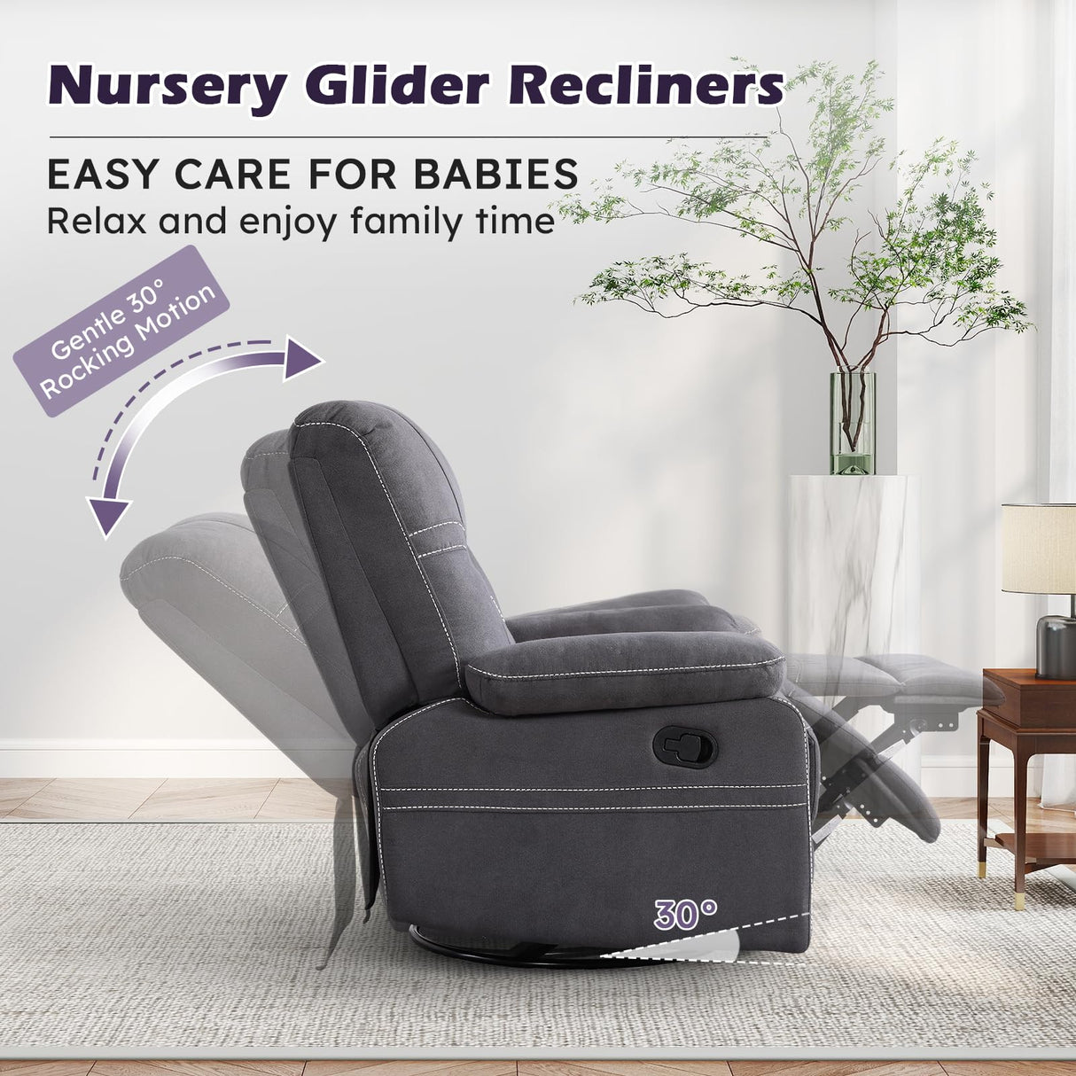 ANJ Oversized Swivel Rocker Recliner Chair for Adults, Manual Rocking Recliner Glider Recliner Nursery Chair Clearance with Decorative Stitching Soft Fabric Thick Cushion for Living Room Bedroom ANJ