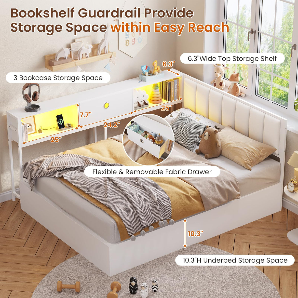 DICTAC Full Corner Bed Frame with Hydraulic Storage,Charging Station and Led Lights Metal Lift up Platform Storage Bed Frame with Upholstered Headboard,Full Size Daybed with Bookcase Guardrail,White DICTAC