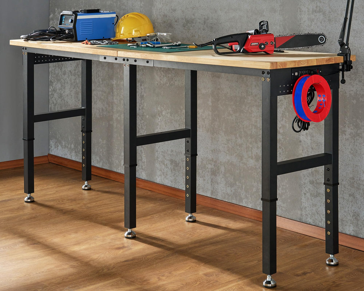 Albott 84x24” Adjustable Workbench 28.7-38.6" Height, Rubber Wood Top Heavy Duty Workbench with Power Outlets & Hooks, 5000 LB Capacity Workbench for Garage, Workshop, Home & Office Albott