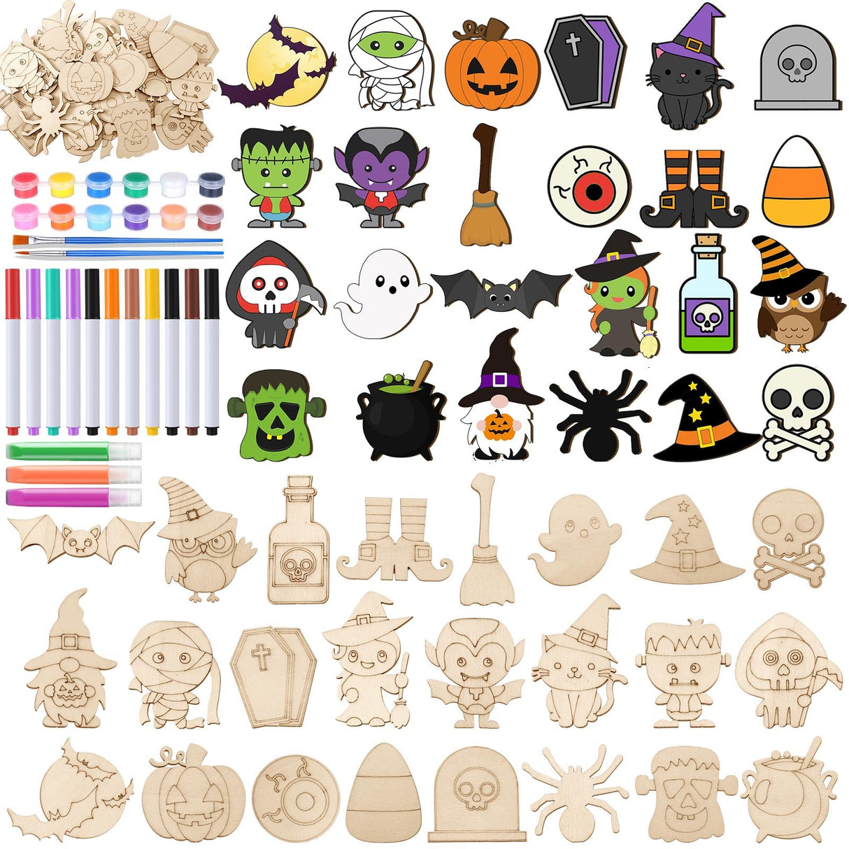 Mootycapa 24 Pcs Halloween DIY Wooden Magnets to Paint, Cute Glow in The Dark Wood Painting Crafts, Fridge Magnets Craft Kits for Boys Girls Gifts School Home Party(Pumpkin Skull) Mootycapa