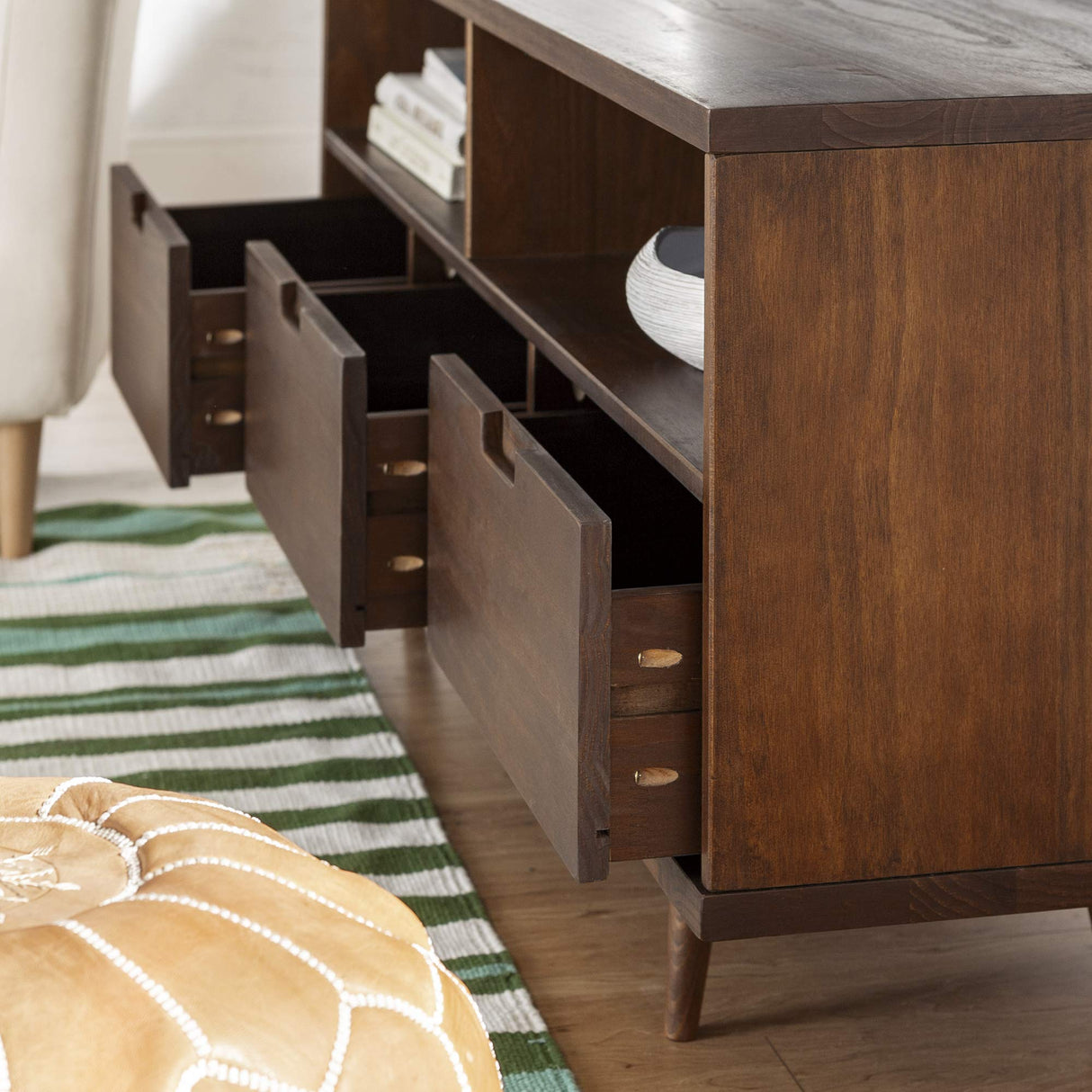 Walker Edison 3-Drawer Mid Century Modern Wood TV Stand for TV's up to 65" Flat Screen Cabinet Door Living Room Storage Entertainment Center, 58 Inch, Walnut Walker Edison