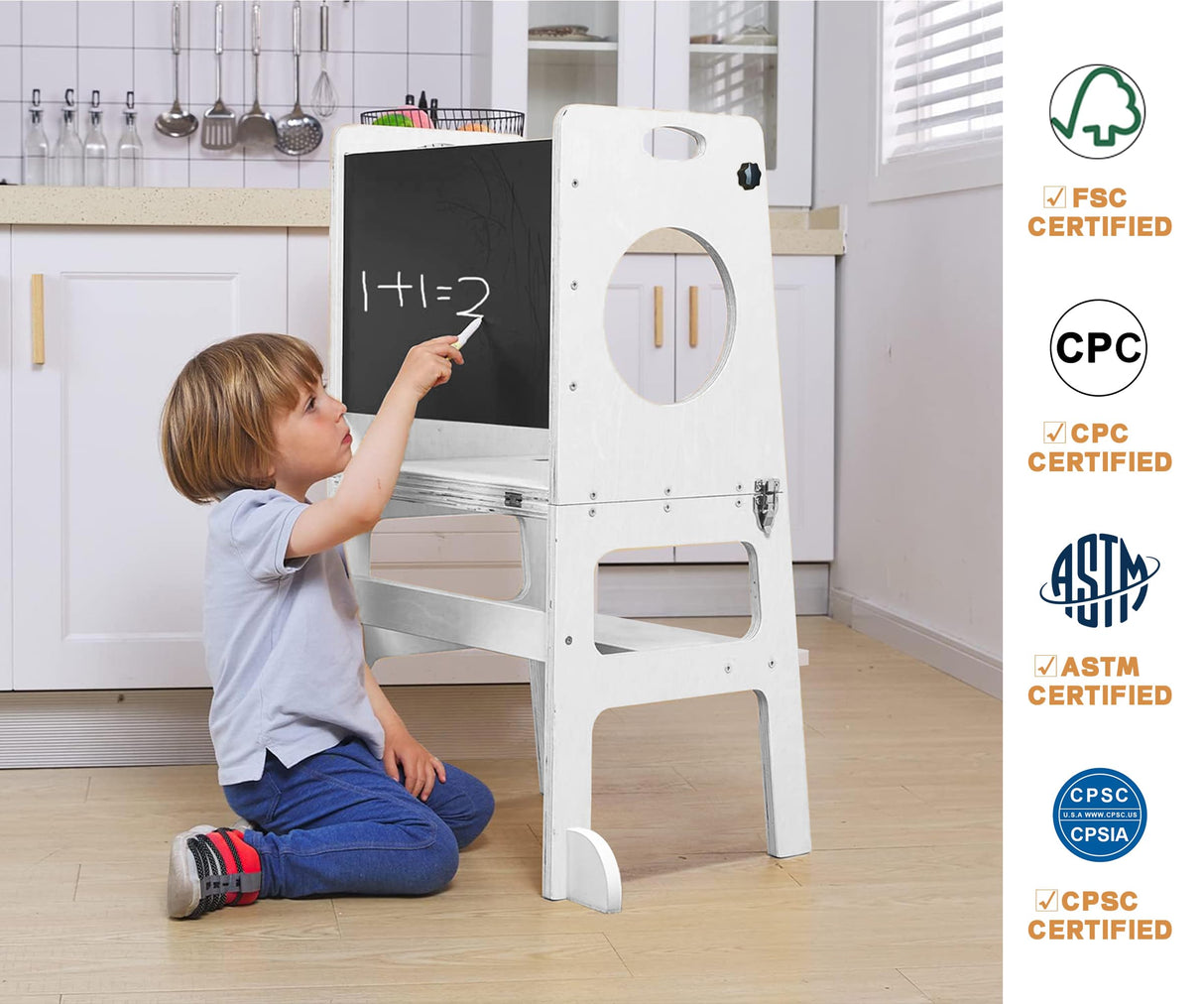Foldable 4-in-1 Study Tower with Chalkboard for Learning, Montessori Kitchen Step Stool Toddlers Folding Stool for Kids 1-6years Ideal Helper (White) FANABAS