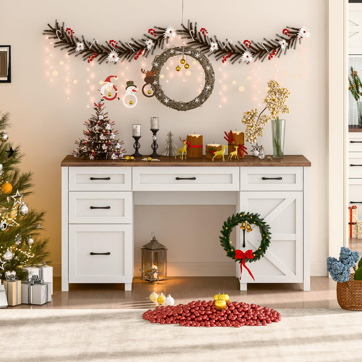 Farmhouse 61'' Executive Desk with 5 Drawers, Rustic Office Desk Computer Desk with Charging Station, File Drawers and Storage Cabinet, Wood Workstation for Home Office and Study, Unique White Halitaa