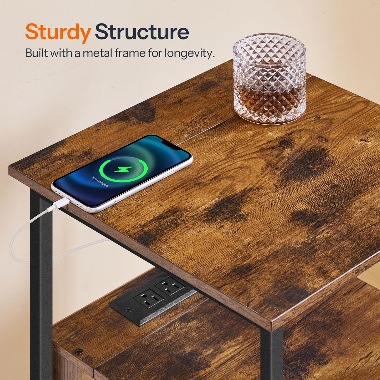 HOOBRO End Table with Charging Station, Bedside Table with 2 Drawer & USB Ports & Power Outlets, Nightstand for Small Spaces, Stable and Sturdy, for Living Room, Bedroom, Rustic Brown BF43UBZ01 HOOBRO