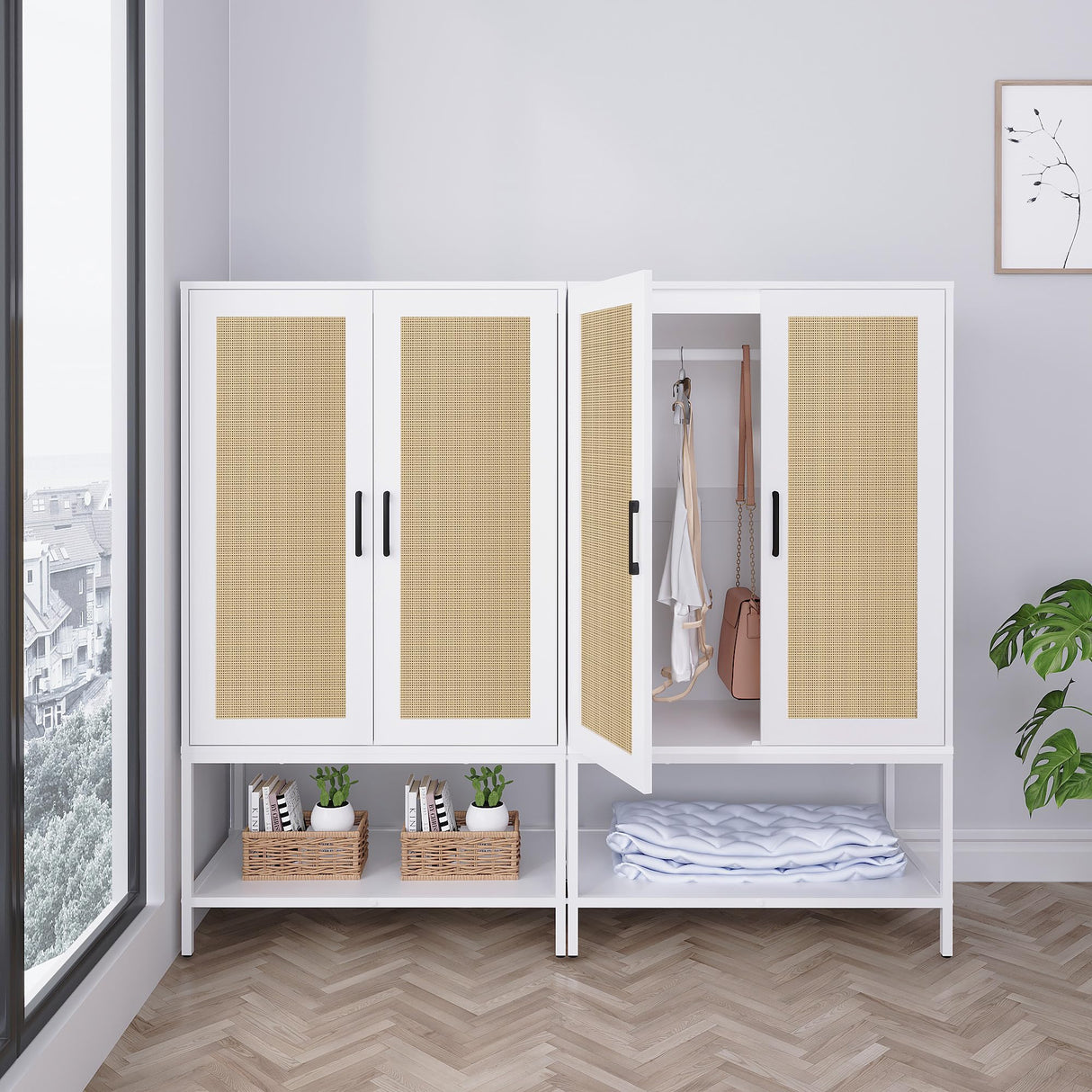 Gyger Wardrobe Closet with 2 Doors,Rattan Bedroom Armoires with Hanging Rod Freestanding Wooden Wardrobe Cabinet with Shelves,White Gyger