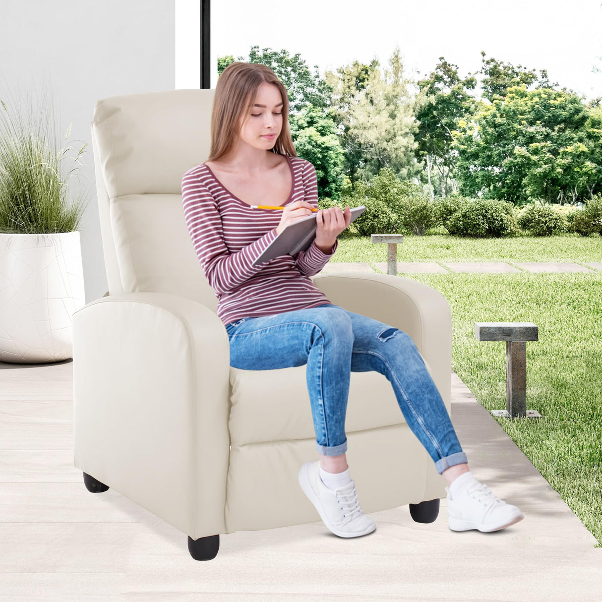 MKDLUFEI Adult Recliner Chair PU Leather Massage Recliner Sofa with Lumbar Support, Push Back, Armrests, Footrest, Adjustable Home Theater Seating for Living Room Home Theater (Black) (Beige) MKDLUFEI