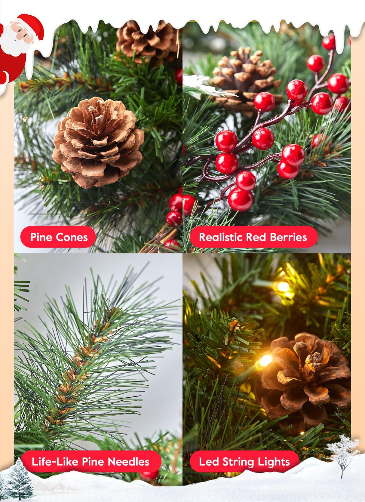 24 Inch Pre-Lit Artificial Christmas Wreath, Battery Operated LED Christmas Wreath with Pine Needles Branches Hari Leaves Red Berry Pine Cones Lighted Wreath for Front Door Wall Windows X-mas Ornament Brightown