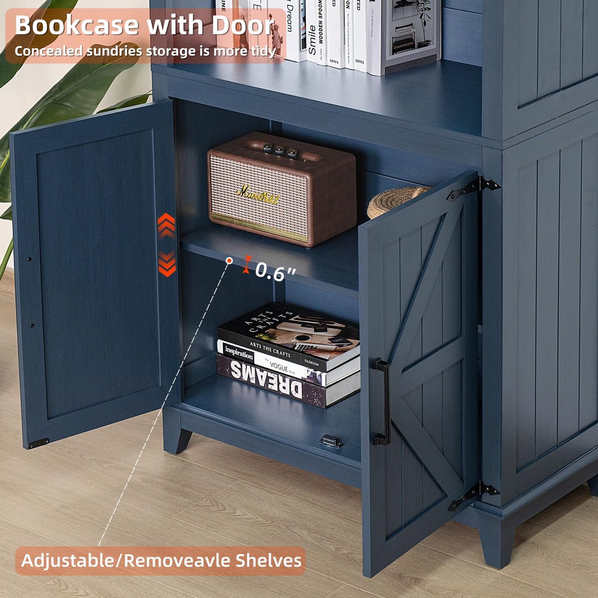 Joaxswe 70in Tall Bookshelf 5 Tier Bookcase with Barn Doors and Adjustable Shelves, Blue Farmhouse Book Shelf with Storage Cabinet, Wood Freestanding Display Bookshelves for Bedroom, Kitchen (2PCS) Joaxswe