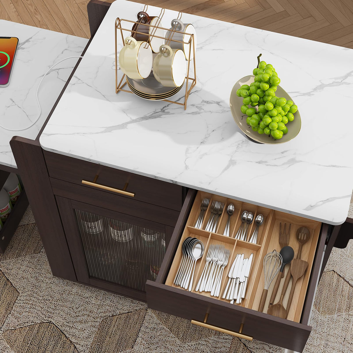 HLR Kitchen Island with Extendable Dining Table, Marble Grain Countertop Island with Power Outlet, Rolling Storage Cart on Wheels with Storage Cabinet and 2 Drawers, Prep Table for Kitchen HLR