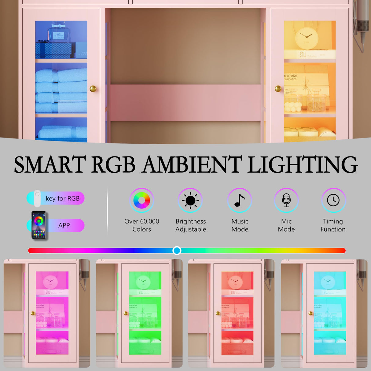 Makeup Vanity Desk with Mirror and Lights, Glass Top Vanity Table Set with Drawers & Power Outlet, Large Dressing Table with 3 Color Lighting Modes & RGB Cabinets for Women Girls Kids Bedroom, Pink Xixini