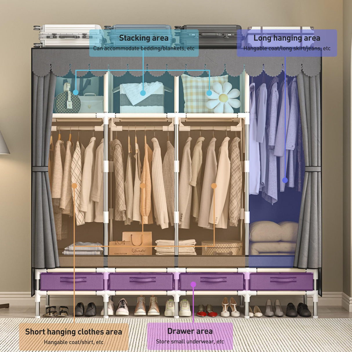 LEAIJIAFY Large Portable Armoire Wardrobe Closet with 4 Hanging Rods and Drawers,Gray Metal Storage Wardrobe Clothes Rack with Dust Cover for Hanging Clothes,67.7 in Width,Bedroom LEAIJIAFY