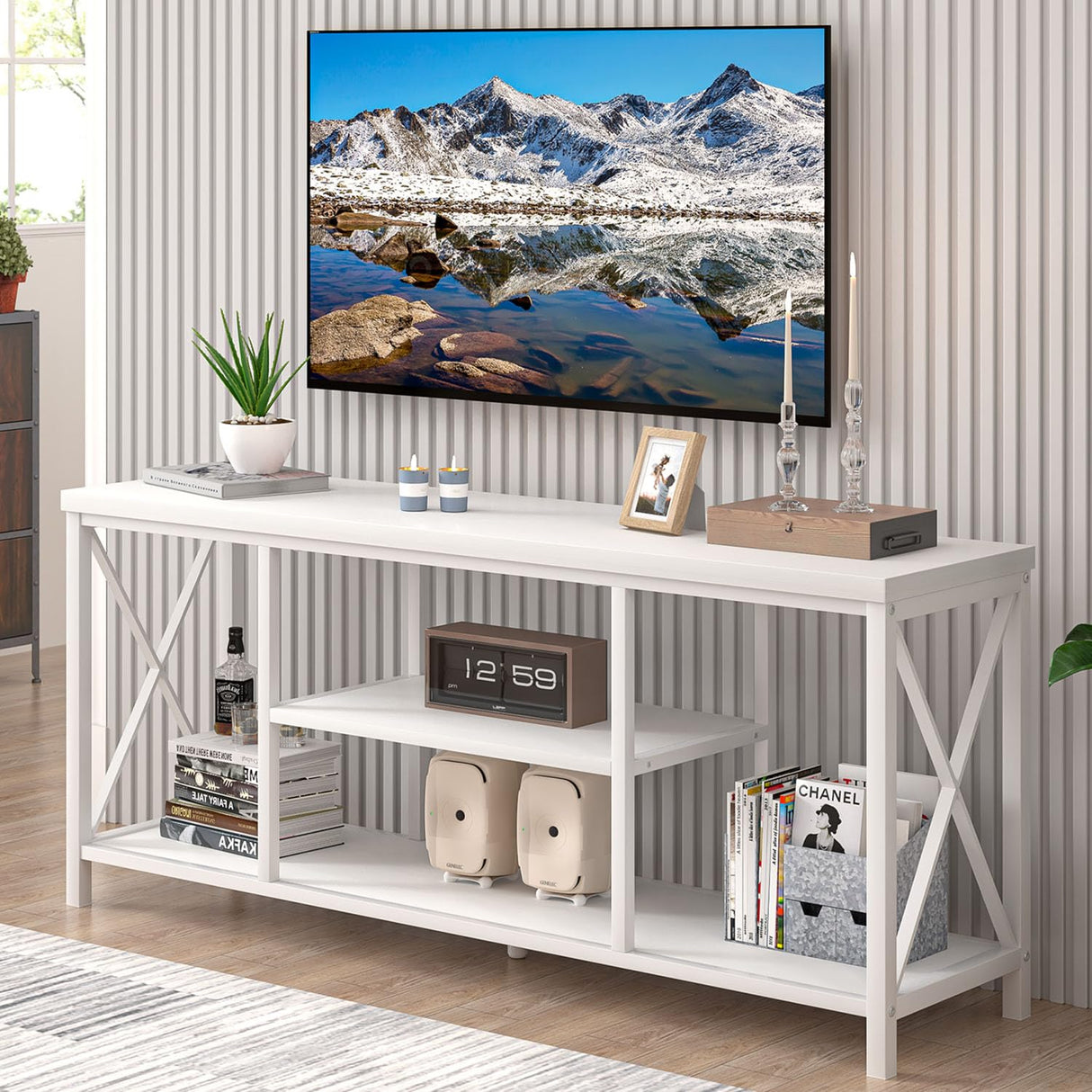 EXCEFUR 55 inch TV Stand for TV up to 65 inch, Modern Media TV Console with Storage Shelves, Entertainment Center for Living Room, Bedroom, White Oak EXCEFUR