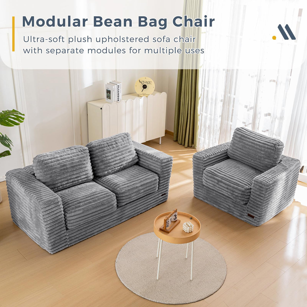 MAXYOYO Giant Bean Bag Chair for Adults, Upholstered Loveseat Floor Sofa with Pillows and Armrests, Large Bean Bag Sofa Plush Chair Bean Bag Couch for Bedroom Living Room, Grey MAXYOYO